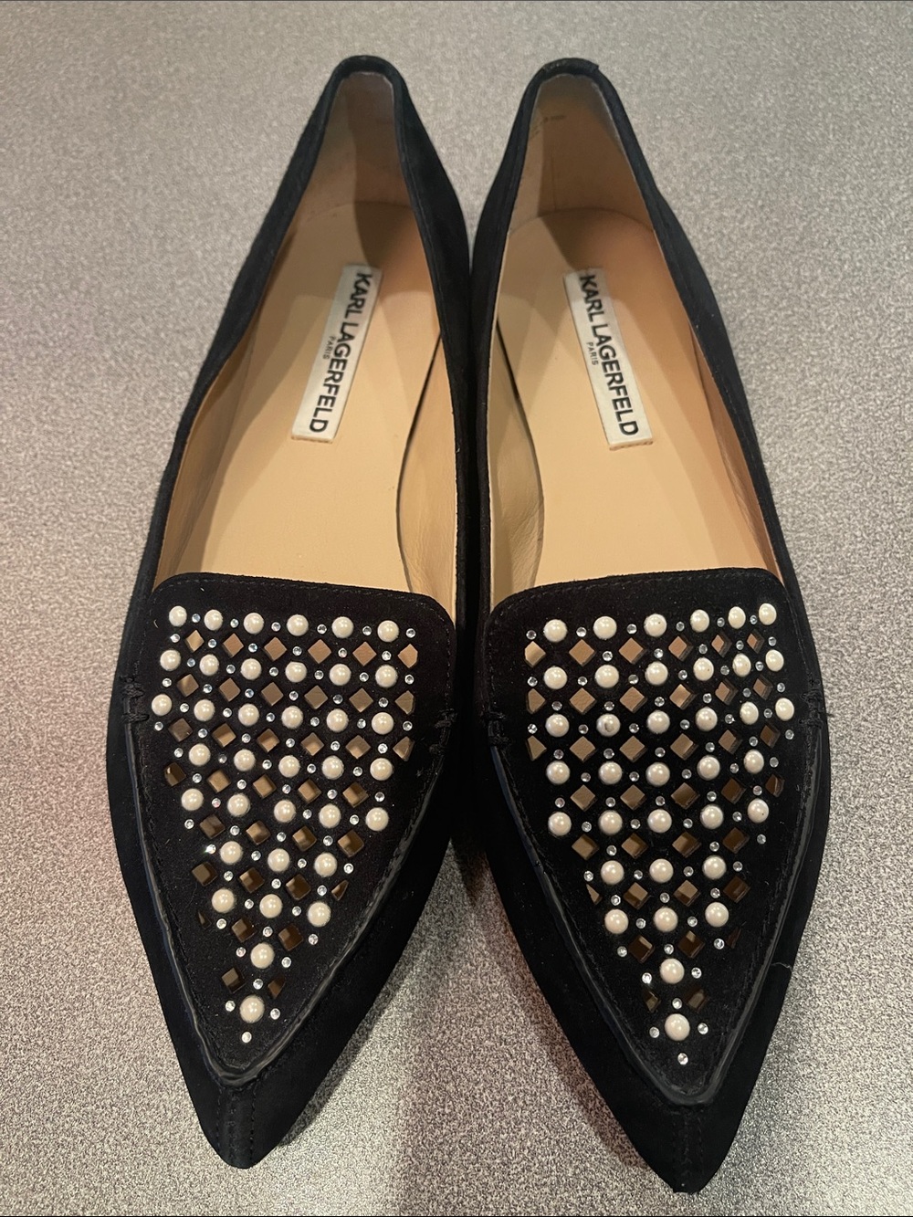 Karl Lagerfeld Black Pointed-Toe Studded Pearl Flats